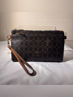 Nanette Lepore Brown and Tan Monogram Wristlet Clutch - Hal Triple Section Bag